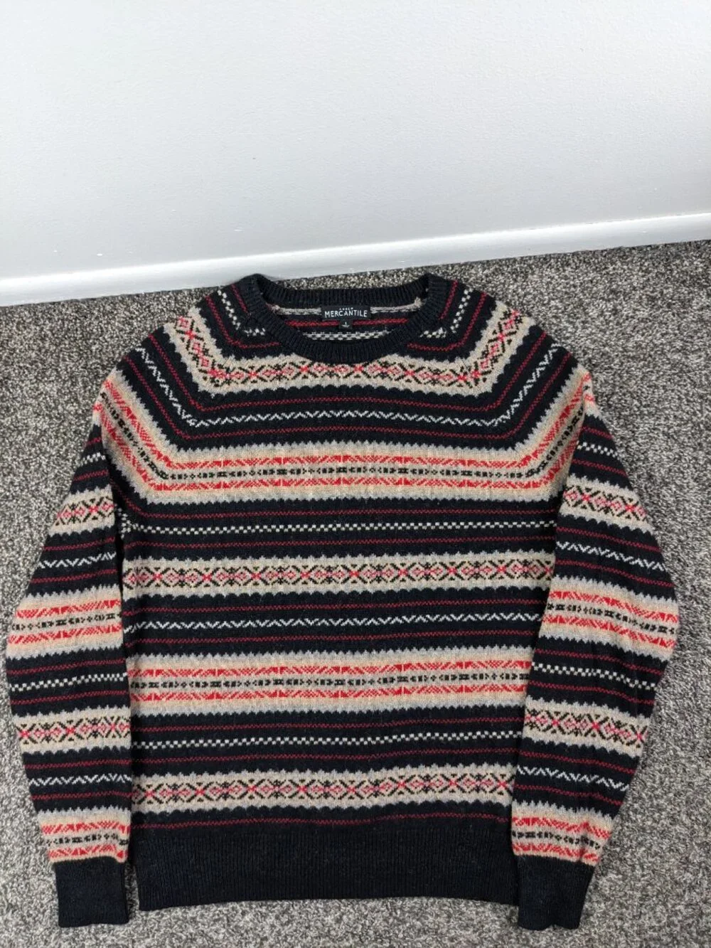 J Crew Sweater Fair Isle Lambswool Crewneck Raglan Pullover Black Red Mens Large
